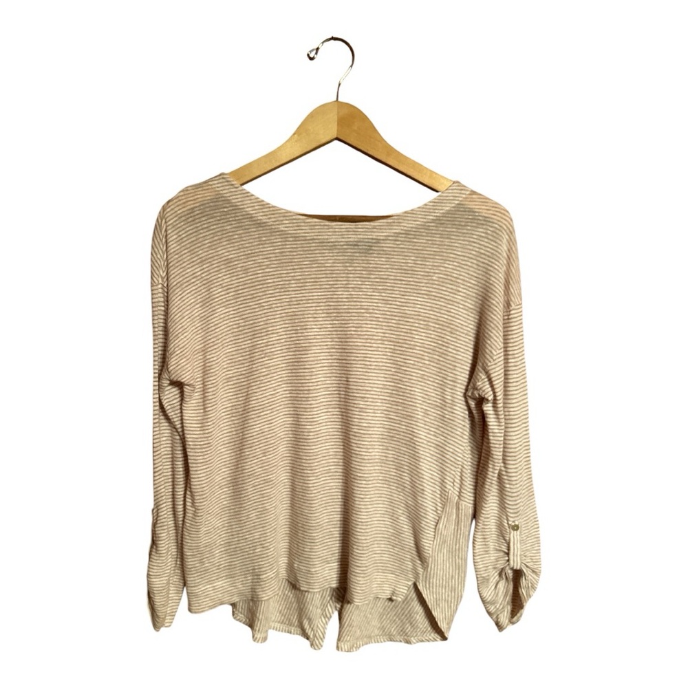 Adrienne Vittadini Linen Coastal Tan and White Top Women’s Size Medium